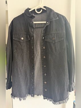 Black Distressed Denim Jacket - Oversized Button-Up
